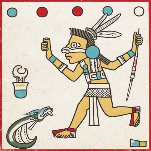 a and detailed mesoamerican codex style 1 6 showing a central figure with elaborate headgear 1 4 and a feathered headdress in a dynamic pose holding two objects that may represent ceremonial tools or weapons the figure is adorned with traditional mesoamerican attire such as a decorated tunic and wristbands and large circular earrings to the left a second smaller figure seemingly in a passive stance or possibly seated posture faces the central character framed by a stylized serpentine creature with a long coiled body the background is filled with geometric patterns and dotted with various circular motifs in hues of red and blue the entire scene is bordered with a red line encapsulating the intricate symbolic narrative depicted in a flat linear style typical of indigenous artwork from the region