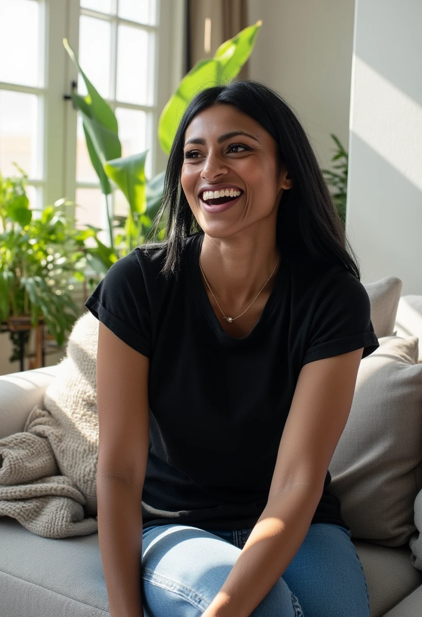 A photo of shinisomara, a woman. She is laughing. She is wearing a black t-shirt and blue jeans. She is sitting on a comfy sofa in a modern living room with house plants. Sunlight is shining through large windows onto her face and body.