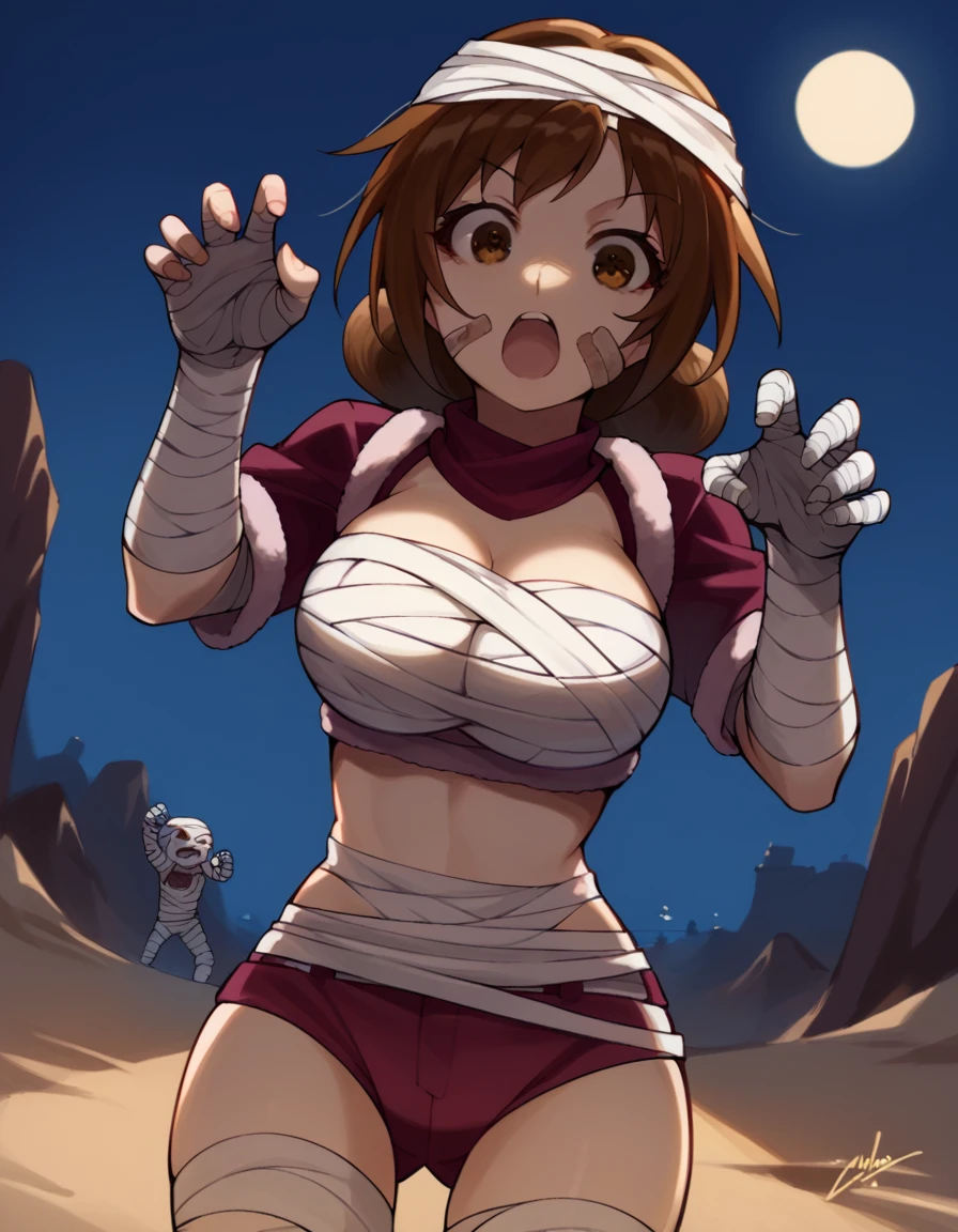 score_9, score_8_up, score_7_up, source_anime, <lora:itami-koga-s2-ponyxl-lora-nochekaiser:1>, itami koga, short hair, large breasts, brown hair, brown eyes,, <lora:mummy-costume-ponyxl-lora-nochekaiser:1>, mummy costume, bandages, halloween costume, bandaged arm, zombie pose, bandage on face,, desert, moon, night, open mouth, , dutch angle, cowboy shot