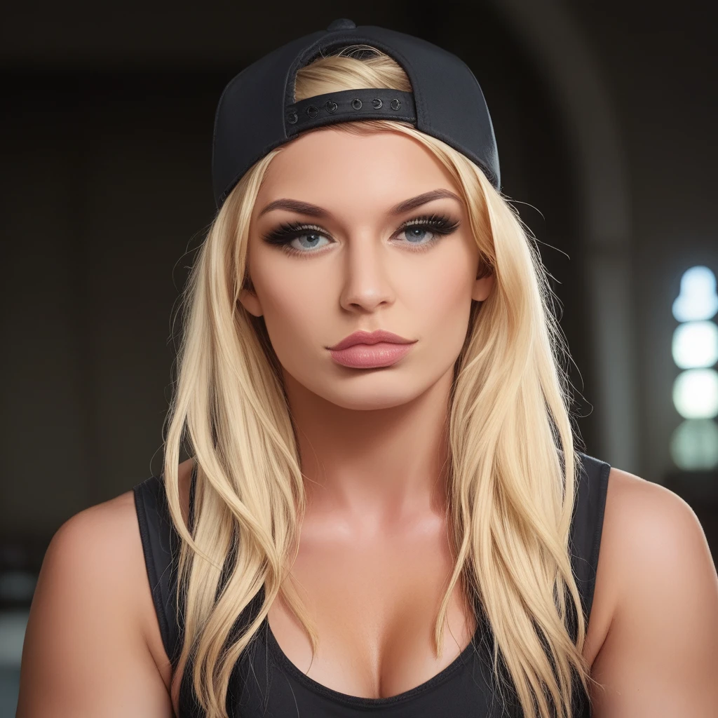 backlighting, depth of field, masterpiece, best quality,  score_9, score_8_up,  BREAK <lora:Pony_Toni_Storm:1>, t0nist0rm, 1girl, solo, blonde hair, long hair, looking at viewer, lips, realistic, upper body, tank top, backwards hat, hat