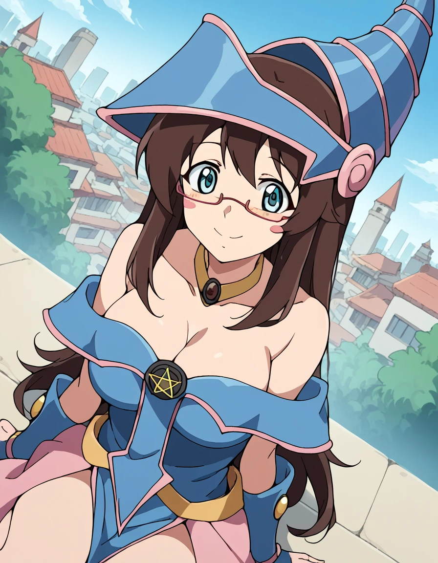 score_9, score_8_up, score_7_up, source_anime, <lora:rea-amano-s1-ponyxl-lora-nochekaiser:1>, rea amano, long hair, blue eyes, brown hair, glasses, large breasts,, <lora:dark-magician-girl-cosplay-ponyxl-lora-nochekaiser:1>, dark magician girl cosplay, dark magician girl (cosplay), bare shoulders, blue footwear, blush, blush stickers, cleavage, collarbone, duel monster, hat, off shoulder, pentacle, wizard hat,, outdoors, cityscape, sitting, smile, blush, cowboy shot, looking at viewer, , dutch angle, cowboy shot