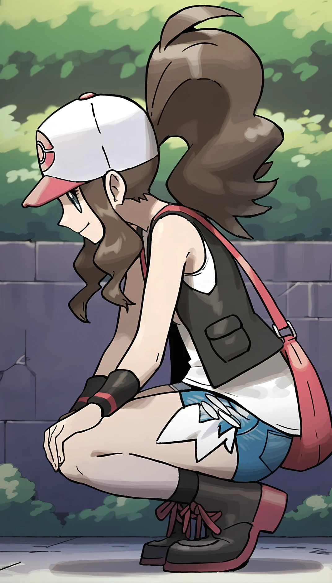 score_9,score_8_up,score_7_up,
<lora:hilda:1>,
bwhilda,
1girl,solo,brown hair,high ponytail,blue eyes,smile,red and white cap,black vest,white tank top under the vest,blue denim shorts,black wristbands,red bag,black boots,black socks under boots,full body,from side,squatting,arms extended forward,palms open,outdoors,night-time or low-light atmosphere,dark purple textured wall,small bushes and plants at the bottom of the wall,