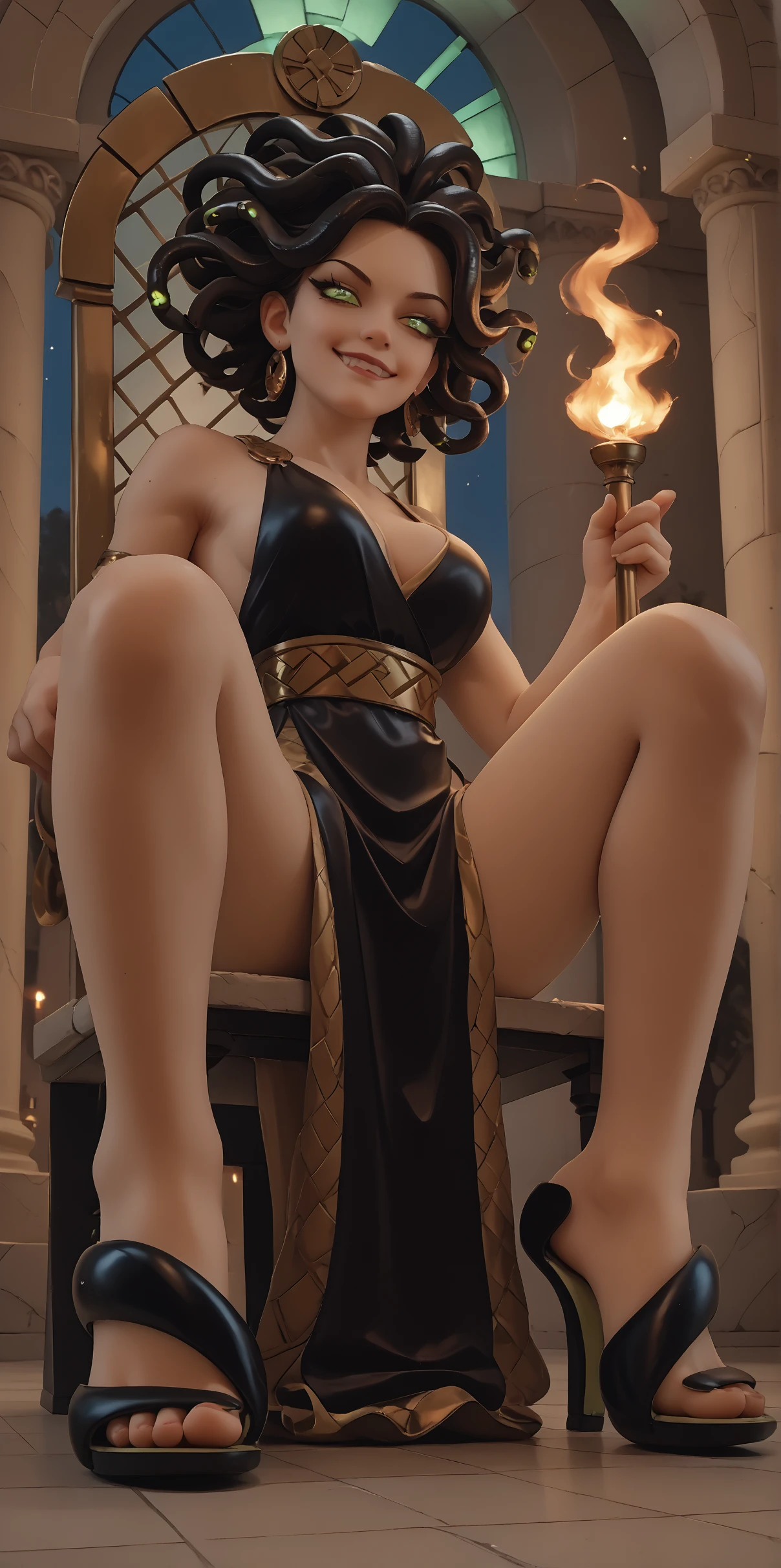 score_9, score_8_up, score_7_up, score_6_up, 
1girl, dark skin,
smug, evil smile, 
round breasts, medium breasts,
spread legs,
sitting,
(low angle:1.2), from below, (from side:0.8), 
m0jito heels, 
ancient Greek theme, 
ancient greek clothes, black clothing,
snake hair, black hair, 
demon girl,
glowing green eyes, snake eyes,
CandiTR, throne,
night, dark, torch flames, cinematic lighting, light particles, color grading, 
embedding:zPDXLrl ,
embedding:zPDXL2 ,