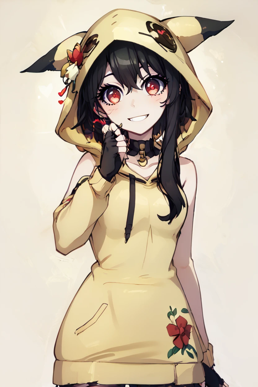 score_9, score_8_up, score_8, medium breasts, (curvy), cute, eyelashes,       BREAK, , BREAK, YorForger, 1girl, black hair, red eyes, short hair with long locks, gold hairband, hair flower, black choker, black dress, sleeveless, off shoulder, floral print, fingerless gloves, <lora:YorForgerXLpony004:0.8>,, (zzMimikyuHoodie, hood, hood up, cosplay, mimikyu, hoodie),  <lora:MimikyuHoodie_PDXL:0.8>,  <lora:PrismaIllya_PDXL_v3:0.7>, , BREAK,  smile, looking at viewer, cowboy shot,  embedding:zPDXL, Expressiveh, <lora:SDXLFaeTastic2400:0.5>,  <lora:Expressive_H-000001:0.4>,