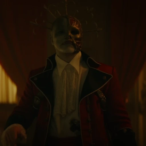 redjackdp, Red Jack sitting elegantly in a luxurious Victorian-style chair in a grand, dimly lit room. He wears a red military coat adorned with gold embroidery, black lapels, and a white ruffled shirt. His skeletal half-mask and spiked gold crown create a haunting presence. One white-gloved hand rests on the arm of the chair, while the other touches his red sash belt. He gazes forward with a dark, intense expression, his face partially in shadow. The background features heavy drapes and gothic decor, enhancing the ominous, regal atmosphere.