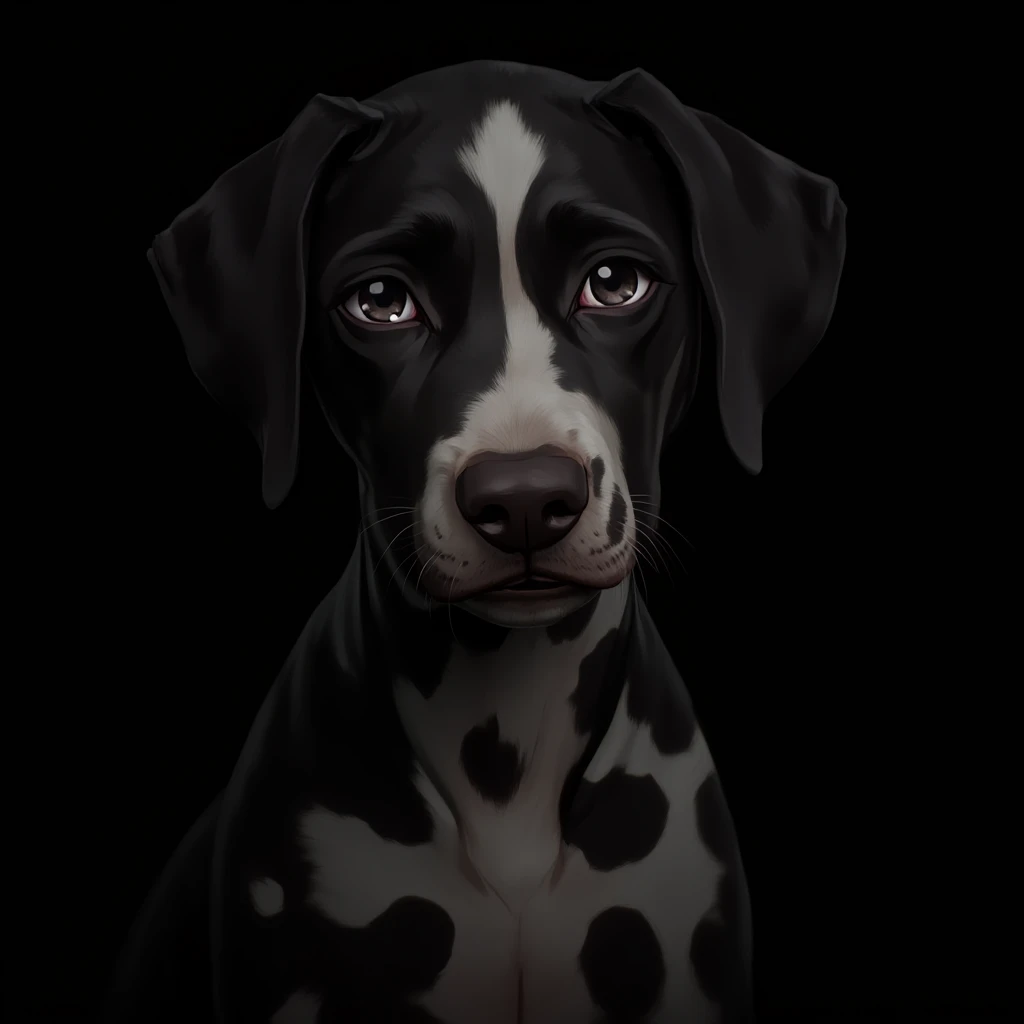 Arcane Style, a high-resolution photograph of a dog, specifically a dalmatian dog, the dog is depicted in a realistic, hyper-realistic art, with a focus on its face and upper body, its fur is predominantly black with white, abstract patterns that resemble a pattern of zigzag and circles, creating a striking contrast, the fur is smooth and glossy, with subtle shading that enhances the texture and depth of the image, the camera is positioned directly in front of the dog, looking directly at the viewer with a neutral expression, the background is a solid black, which contrasts sharply with the dog's fur and making it stand out vividly, making it the focal point of the composition, the lighting is soft and diffused, highlighting the smoothness of the fur and the subtle shadows that enhance the realism of the subject, the overall mood of the photograph is serene and contemplative, with the subject's gaze directed slightly forward, the photograph captures the essence of a young dog, emphasizing its connection with a human, making the subject appear almost as the focal points of the frame
outdoors, looking at viewer, black background, no humans, animal, realistic, dog, animal focus, dog focus