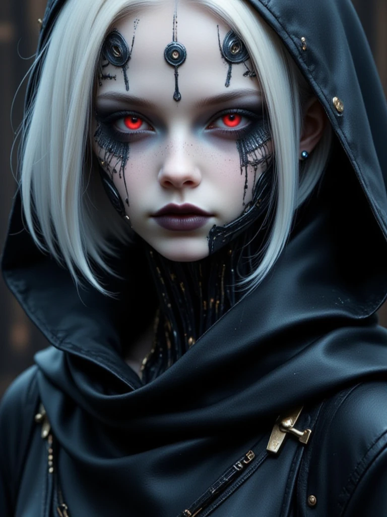 A haunting portrait of a cybernetic being with a white, mask-like face. The face features intricate black patterns resembling circuit boards and tribal designs. Bright red, glowing eyes contrast sharply with the pale skin. The lips are painted black. The figure has shoulder-length, straight white hair and wears a hooded cloak with gold embroidery. Visible mechanical parts at the neck suggest a robotic or cyborg nature. The background is dark, creating a dramatic contrast with the pale face and hair. This image combines elements of gothic aesthetics, cyberpunk, and high-tech fantasy, creating an eerie and captivating character.