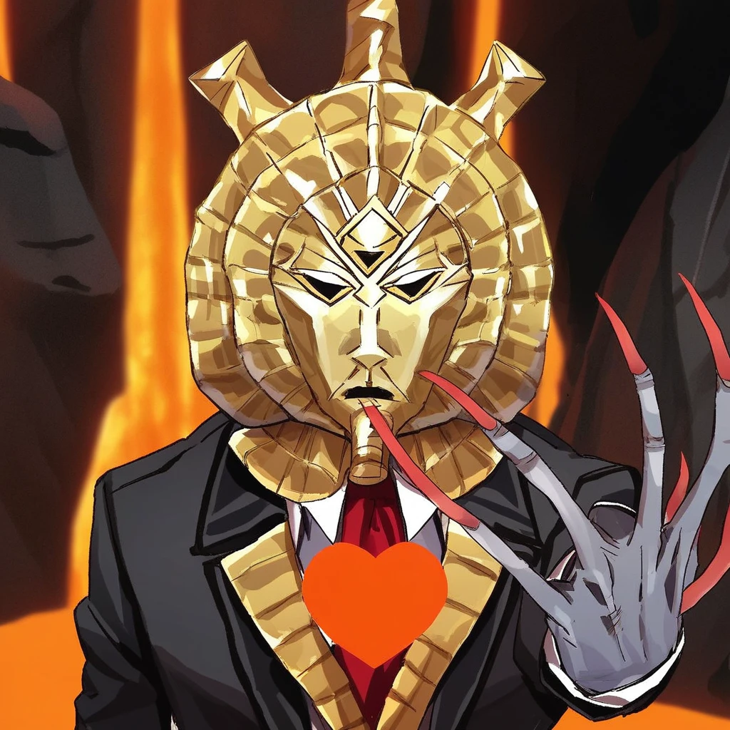 score_8, score_8_up, score_7_up, source_anime, anime screenshot, 1boy, solo, male focus, DagothUr_TES3, grey skin, colored skin, gold mask, mask, third eye, gorget, gold gorget, suit, black jacket, red tie, long fingers, long fingernails, sharp fingernails, holding, heart (organ), cowboy shot, horror (theme), magma, lava, underground, cave, looking at viewer