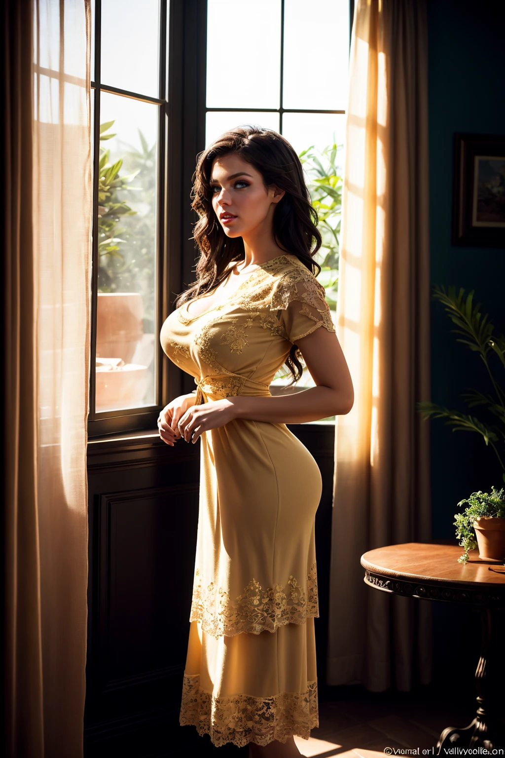 masterpiece, high resolution, cinematic, absurdres, photorealistic, realistic, 8k, volumetric. A stunning peta jensen stands by a tall, arched window with soft light streaming in, highlighting her flawless features and captivating gaze. She is dressed in an intricately embroidered yellow dress with delicate lace details, the fabric hugging her form elegantly. The dress is full body, she is covered from neck to toes. The deep, rich colours and delicate textures of her clothing accentuate her natural beauty, with a gentle glow highlighting her serene expression. Her hair cascades in soft waves, and her posture exudes quiet confidence. The setting, with hints of vintage furniture and lush indoor plants, creates an intimate, sophisticated atmosphere that celebrates her graceful allure. <lora:lora_perfecteyes_v1_from_v1_160:0.6>, photo of perfecteyes eyes, perfecteyes eyes, brown eyes.  <lora:brmphFT15_p0-step00021000a:0.7> brmph, large breasts.  <lora:peta_jensen_LoRA_0.1-000004:1>, peta, peta jensen