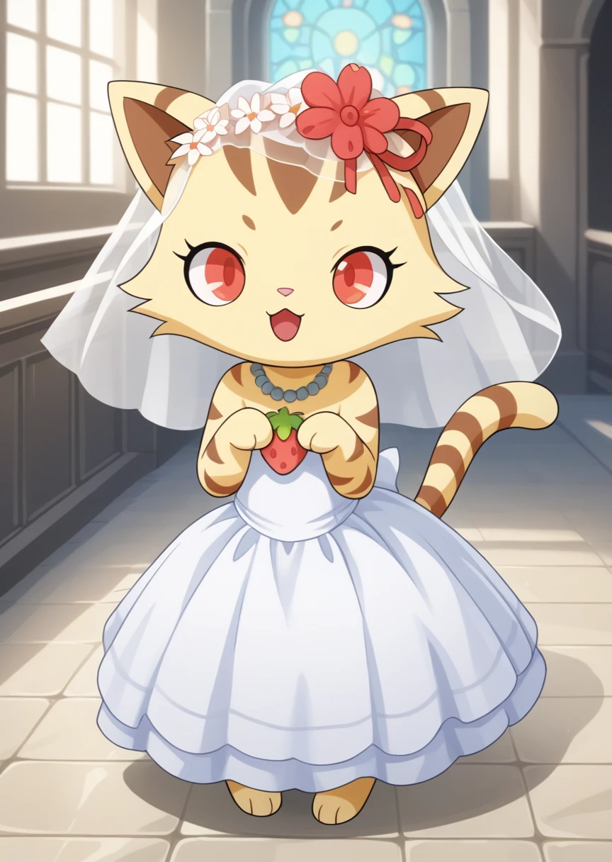 score_9, score_8_up, score_7_up, score_6_up, score_5_up, BREAK
s4ngo, anthro, female, jewelpet, cat, solo, open mouth, hair ornament, red eyes, jewelry, flower, food, hair flower, necklace, no humans, :3, fruit, strawberry, standing, church, wedding dress, wedding veil,