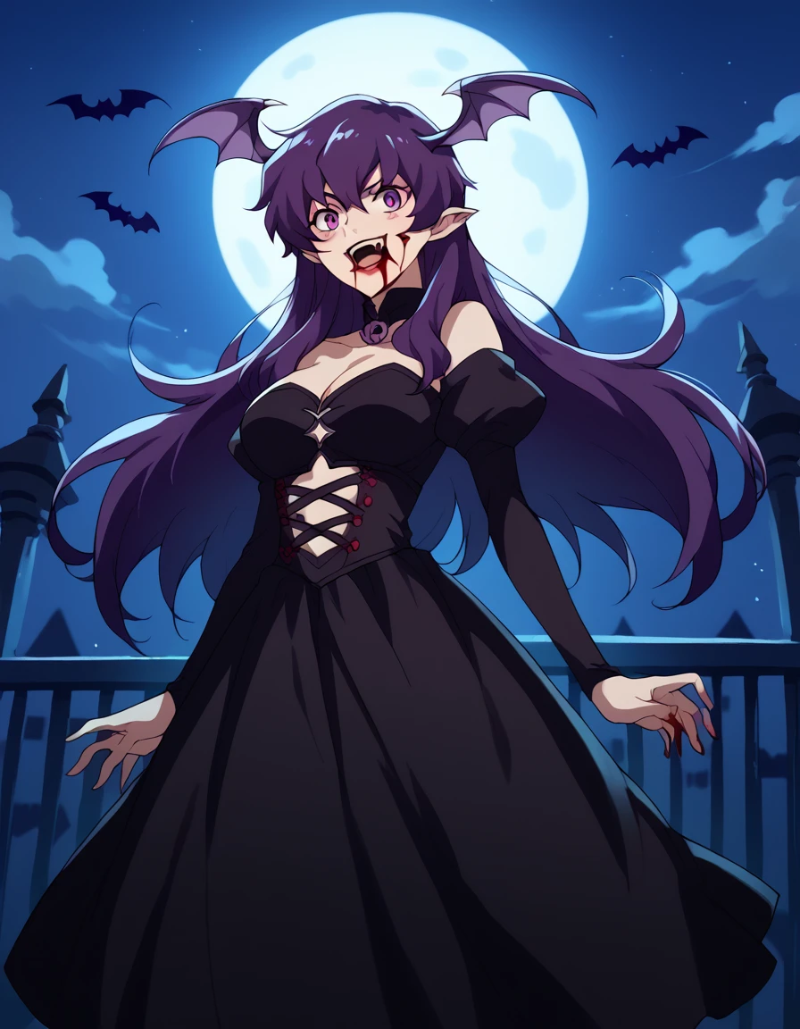 score_9, score_8_up, score_7_up, source_anime, <lora:minene-uryuu-s1-ponyxl-lora-nochekaiser:1>, minene uryuu, long hair, purple eyes, purple hair, large breasts,, <lora:vampire-ponyxl-lora-nochekaiser:1>, vampire, red eyes, pointy ears, fangs, black dress, wings, blood, blood on face, blood on mouth, bat (animal), halloween, halloween costume, upper teeth only, night, moon, blush, smile, open mouth, , dutch angle, cowboy shot