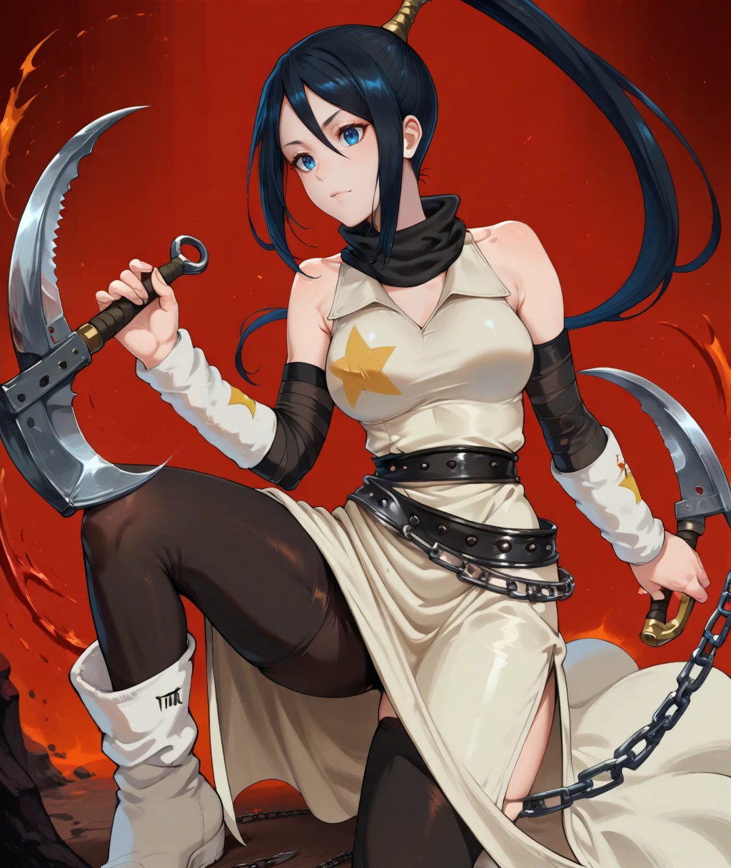 masterpiece, best quality,  mltsubase, black hair, high ponytail, blue eyes, collared dress, black belt, arm warmers, long hair, star (symbol), sleeveless, bare shoulders, black stockings, white footwear,  <lora:Tsubaki-SE-ILXL-T1:1>, white dress, white arm warmers, thigh highs, holding weapon, kusarigama, sickle, chain, action pose