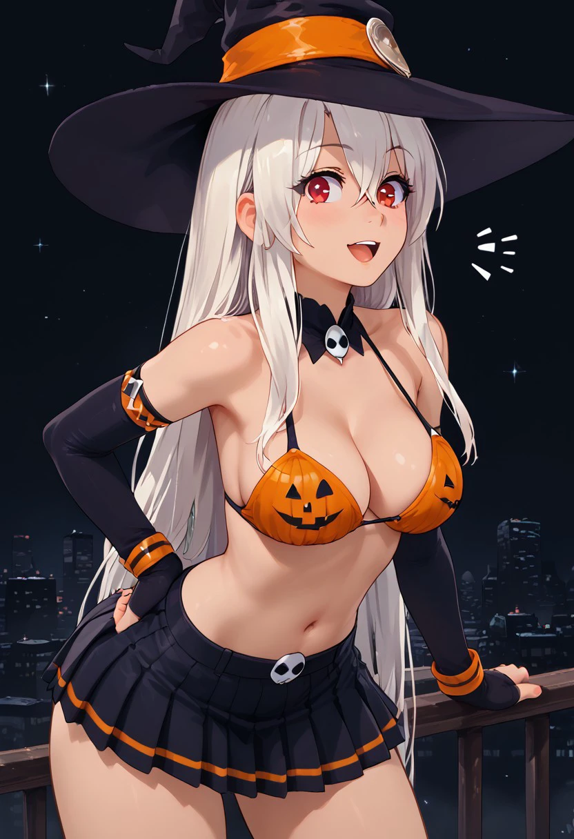 score_9, score_8_up, score_8, large breasts, (curvy), cute, eyelashes,       
,,,
zzPumpkinIllyaCitron, hair between eyes, red eyes, long hair, very long hair, white hair, witch hat, elbow gloves, navel, black skirt, halloween costume, bikini top only,
 (from behind, ass, leaning forward, surprised),   
,,,
BREAK, smile, looking at viewer, 
,,,
abstract background, white outline, cowboy shot, 
,,,
zPDXL3, Expressiveh,