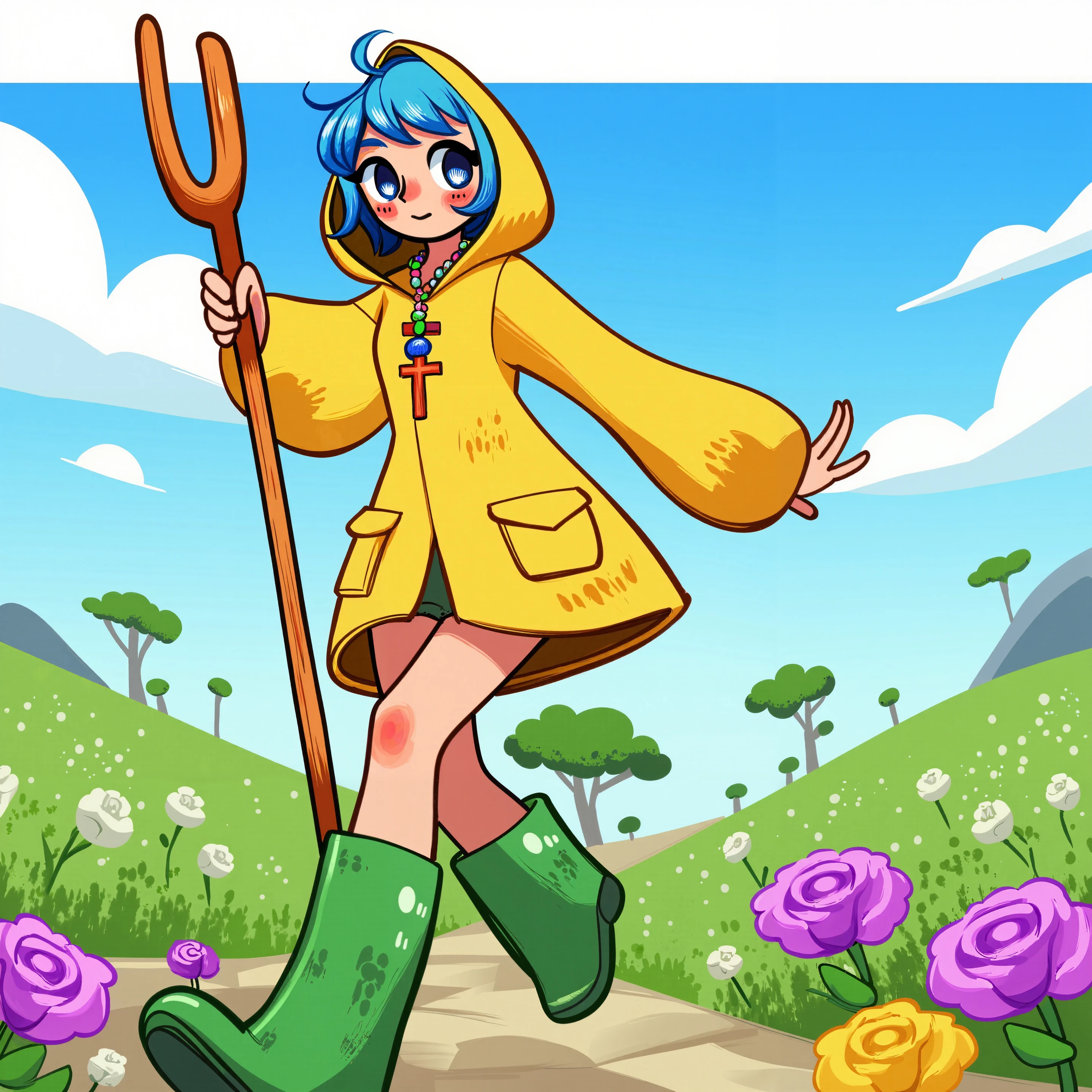 The image is a digital drawing in comic art style. The subject is a young woman with short vibrant blue hair and fair skin. She is wearing a yellow raincoat with a hood which covers her head and shoulders and a pair of knee-high green dirty boots. she has a colorful rosary with a cross as necklace. Her facial expression is cheerful with a slight smirk and she is holding a wooden staff in her right hand. Luce_Jubilee, White Seashell in the pupil, she's walking on a flower meadow, clouds in the sky