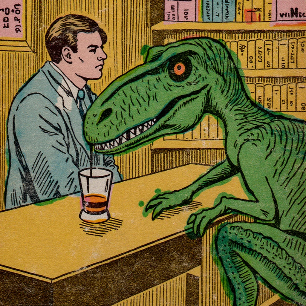  manucolgraf Tyrannosaurus is drinking whiskey in a pub


