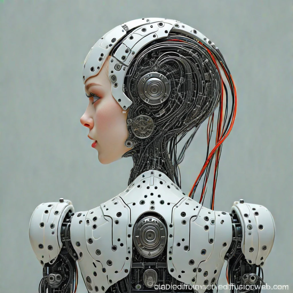 face_of_human, detailed_face_of_girl, metallic_head, head_with_electronic_parts, mechanical_body, robotic_design, mechanical_elements, wires_and_circuits, metallic_arms, human_hands, detailed_face, intricate_eyes, defined_nose, beautiful_features, feminine_beauty, realistic_skin, hybrid_robot_human, cybernetic_design, futuristic_aesthetic, high_detail, back view, looking backword,