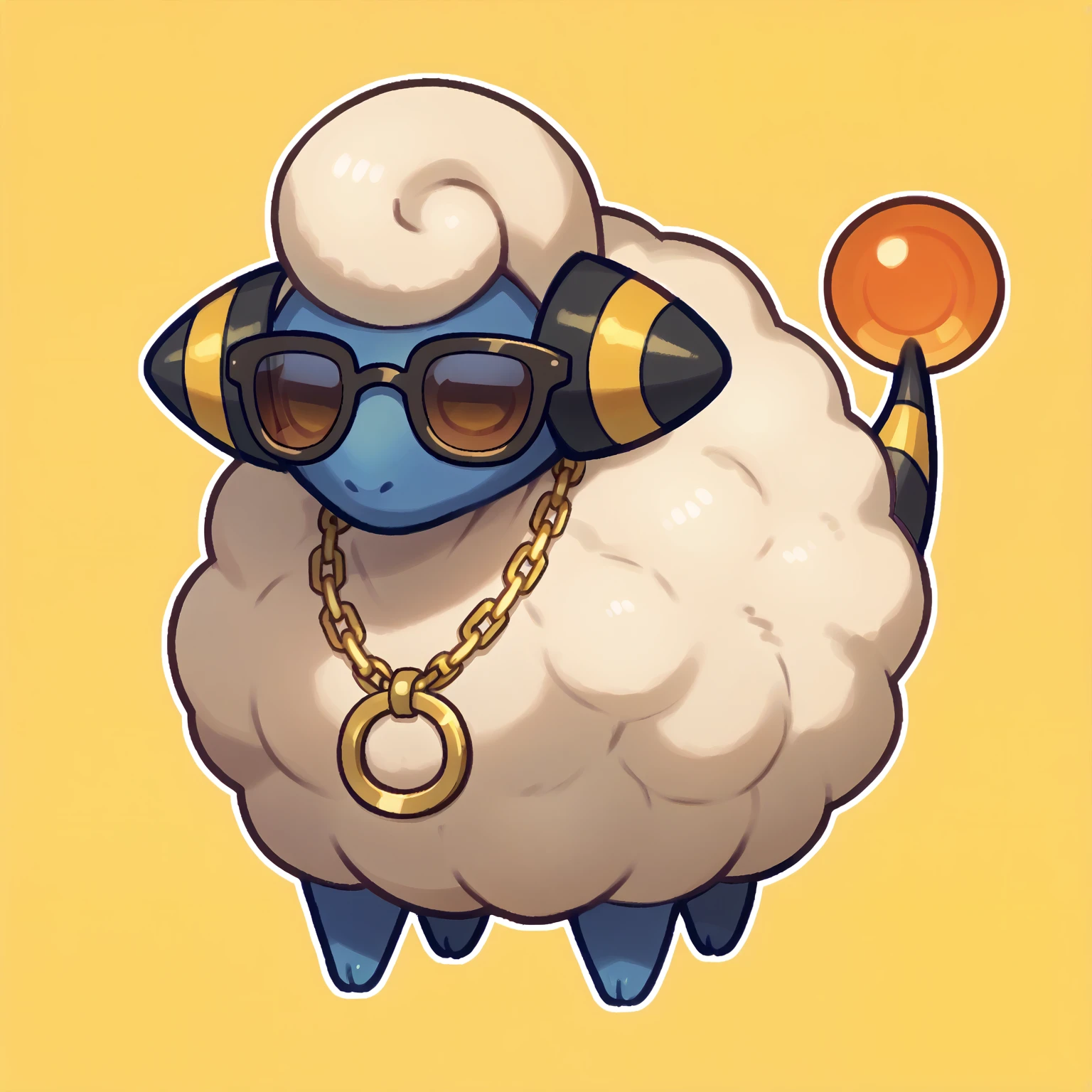 score_9, score_7_up, full body, standing, chibi, sunglasses, no mouth, necklace, gold chain, <lora:MareepPKMN-pdxl:1> mrpPKMN, no humans, pokemon \(creature\), sheep, horns, tail, white outline, yellow background