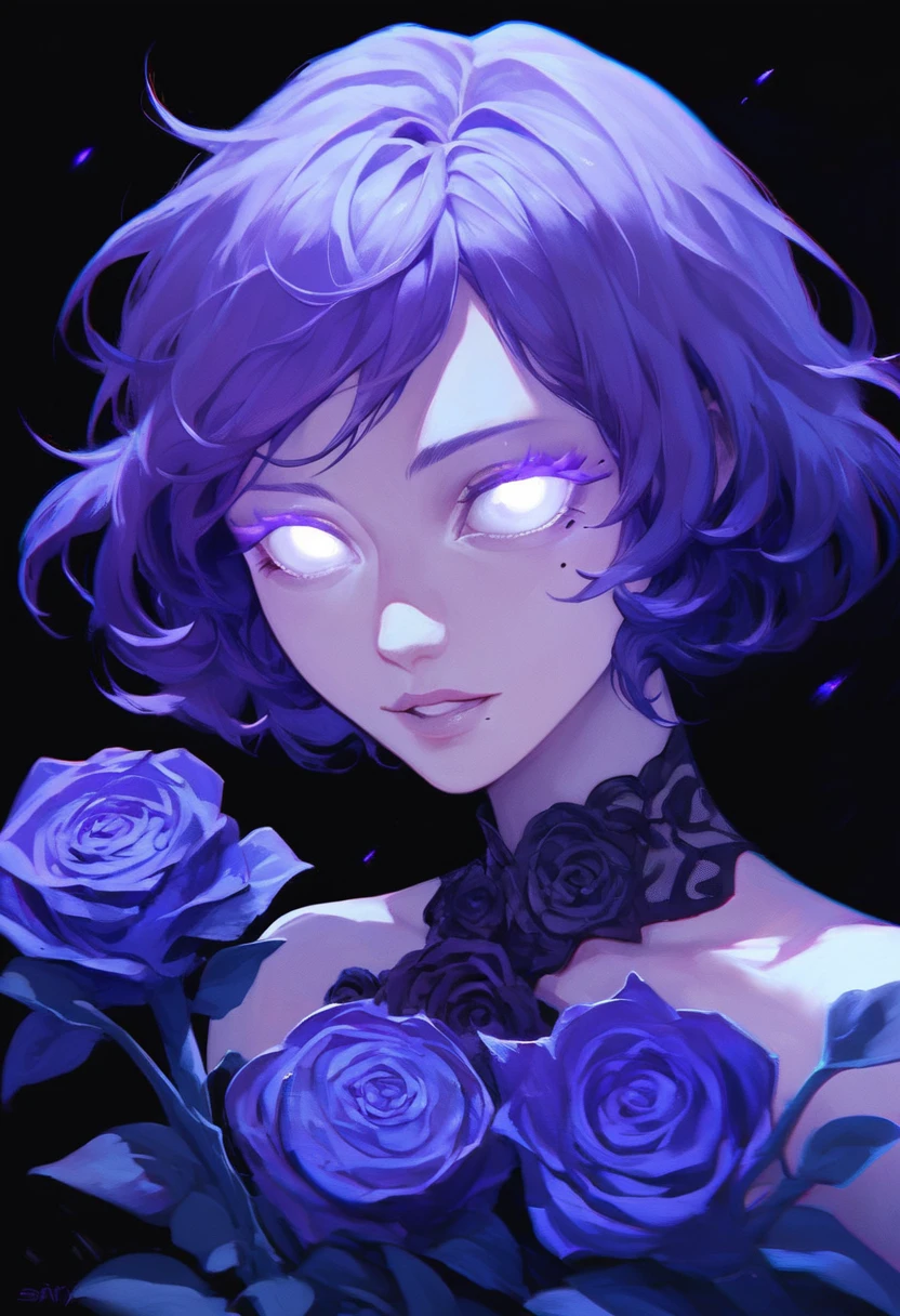 score_9, score_8_up, score_7_up, SLVTK, 1girl, flower, mole, solo, portrait, rose, glowing, mole under eye, parted lips, looking at viewer, simple background, black background, purple theme, glowing eyes, white eyes, short hair