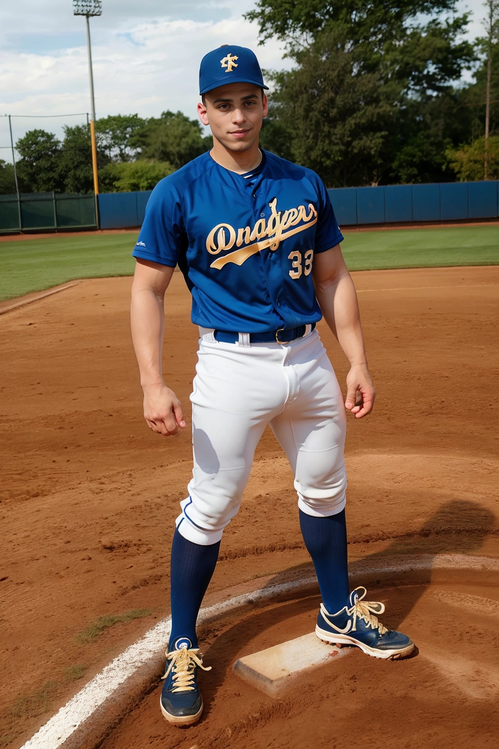 baseball field, outdoors, standing on First Base, BrandonEvans is a baseballplayer, slight smile, baseball uniform, (royal blue jersey), white pants, (royal blue socks), long socks, royal blue baseball cap, (black sneakers), ((full body portrait)), wide angle <lora:Clothing - Sexy Baseball Player:0.65> <lora:BrandonEvans:0.8>