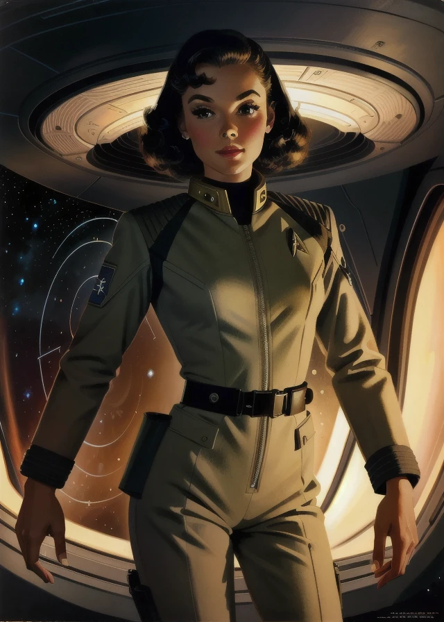 best quality,masterpiece,highly detailed,ultra-detailed, 
<lora:neg9V2_8:0.25>Star Trek
1girl, pin up magazine cover  military uniform, science fiction, spacesuit, 
 <lora:Whitcomb_V02:1> jonwhitcomb , retro artstyle