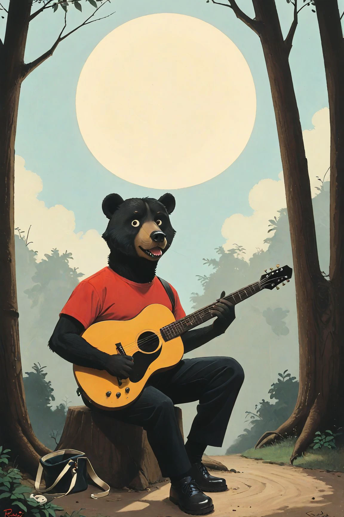 retro A bear playing guitar sitting in the woods