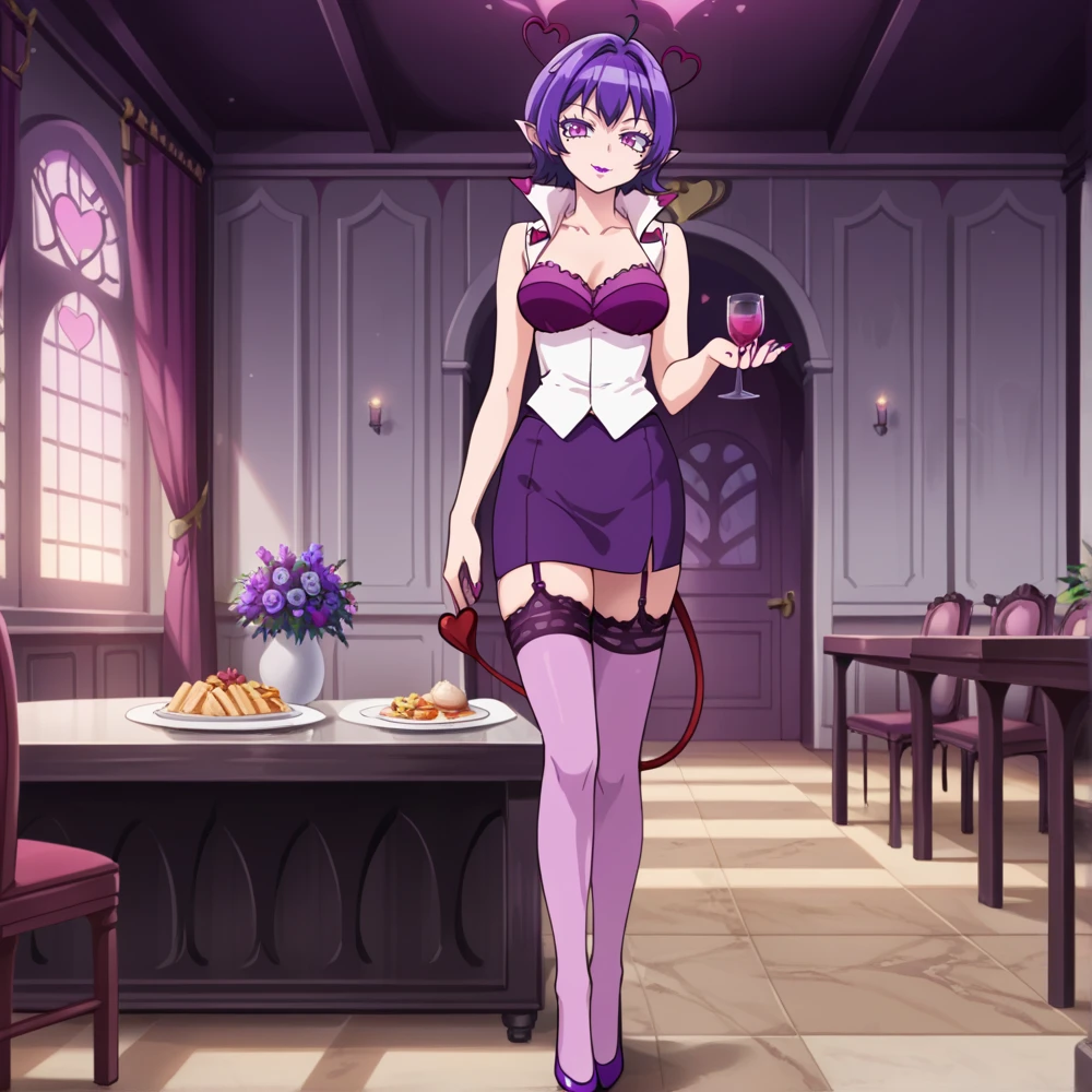 score_9, score_8_up,  source anime, ((hyper realistic)), masterpiece, ultra detailed, (indoors, dark mansion, cafeteria, stunning architecture, ), 1 woman, (solo:1.2), adult female,  raimu sensei, demon girl, pointy ears, purple hair, short hair, heart ahoge, purple eyes, purple lips, mole under eye, purple nails, imp tail with heart, raimu outfit, popped collar, white sleeveless jacket, purple bustier, short purple skirt, purple thighhighs, garter straps, purple high heels, tall, slender, full body shot, looking at viewer, standing, 3/4 view, flirty, teasing, (perfect hands:1.2), <lora:StS_detail_slider_release_two_v3:1>  <lora:Raim-000007:0.7>