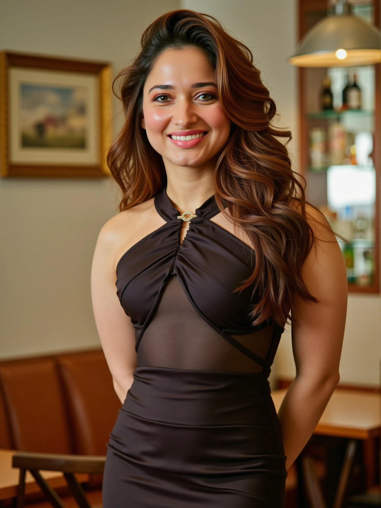 tamannaah, beautiful detailed photograph, hair cascading down her shoulders., wearing a formfitting dress, standing in cafe looking at the viewer, smile