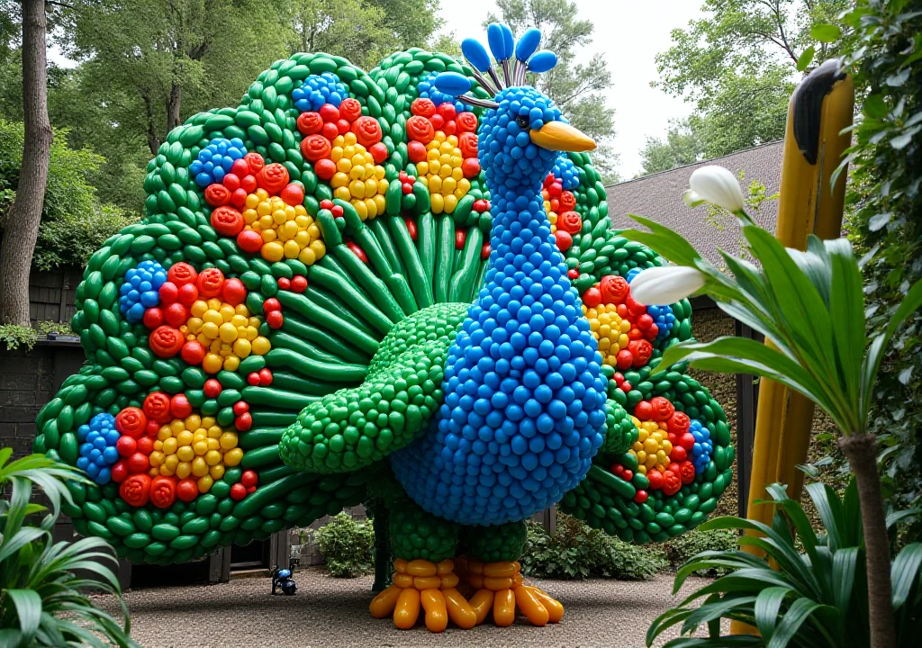 <lora:Balloon_Sculptures:1.2>  balloon sculpture, large scale, peacock, in a zoo setting