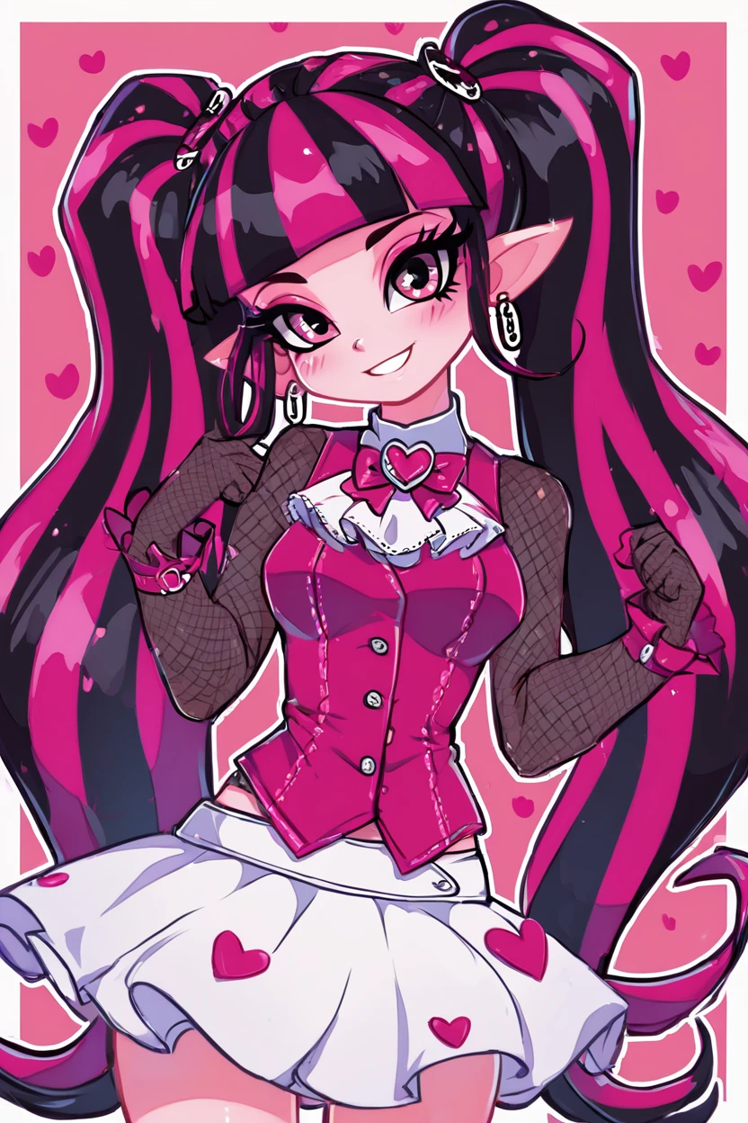 score_9, score_8_up, score_8, medium breasts, (curvy), cute, eyelashes,       BREAK, ,  zzDraculaura, solo, twintails, multiclored hair, pink hair, black hair, pink eyes, pointy ears, earrings, fishnet sleeves, frilled sleeves, long sleeves, blunt bangs, monster high, pink vest, white skirt, pink knee boots,  <lora:Draculaura_MH_PDXL_v5:0.8>, BREAK, smile, looking at viewer, cowboy shot, ,,, embedding:zPDXL, Expressiveh, ,,, <lora:Zankuro_Style_PDXL:0.8> <lora:SDXLFaeTastic2400:0.5>, <lora:Expressive_H-000001:0.4>,