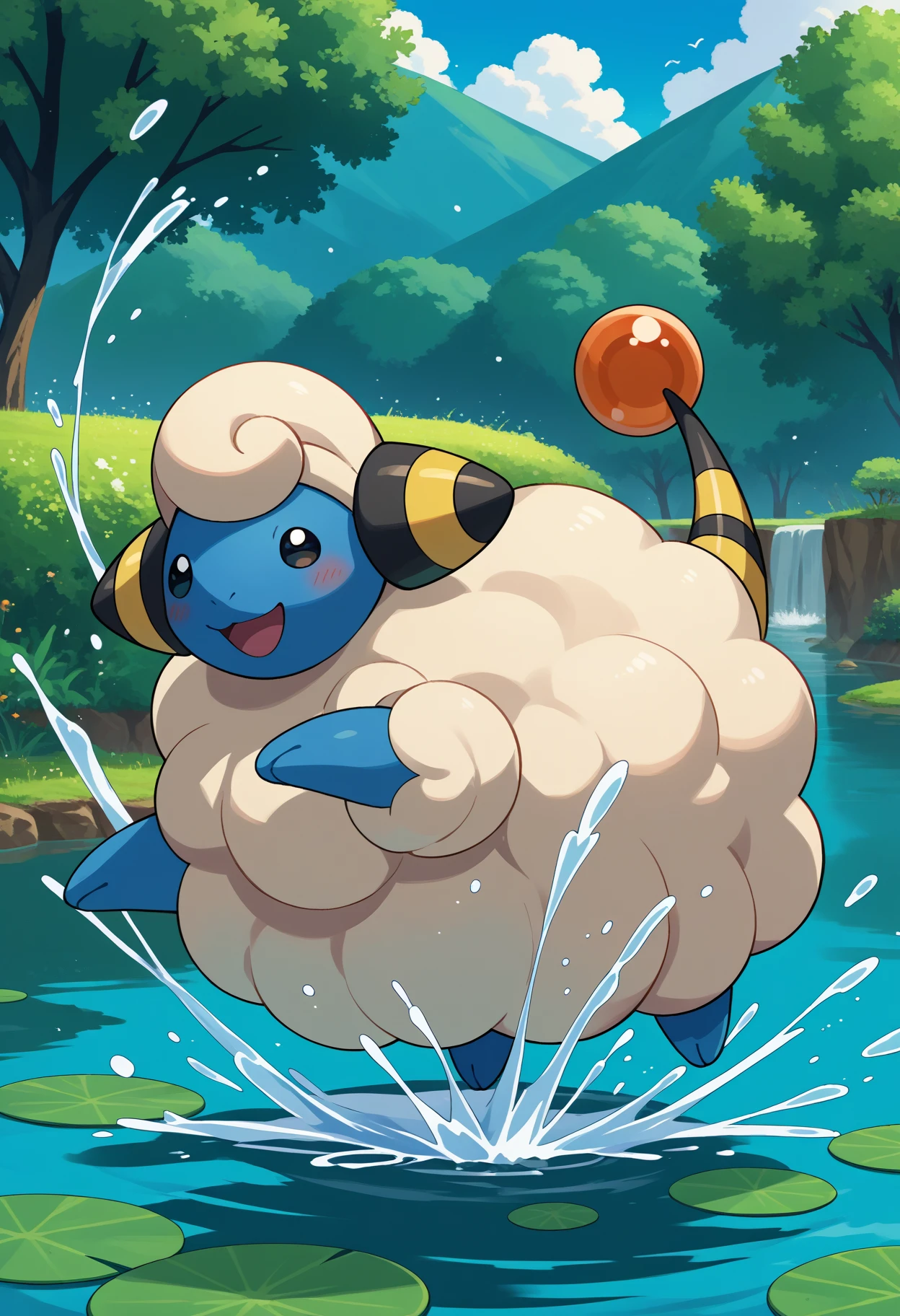 score_9, score_8_up, source_anime, full body, happy, splashing, <lora:MareepPKMN-pdxl:1> mrpPKMN, no humans, pokemon \(creature\), sheep, horns, black eyes, tail, outdoors, pond