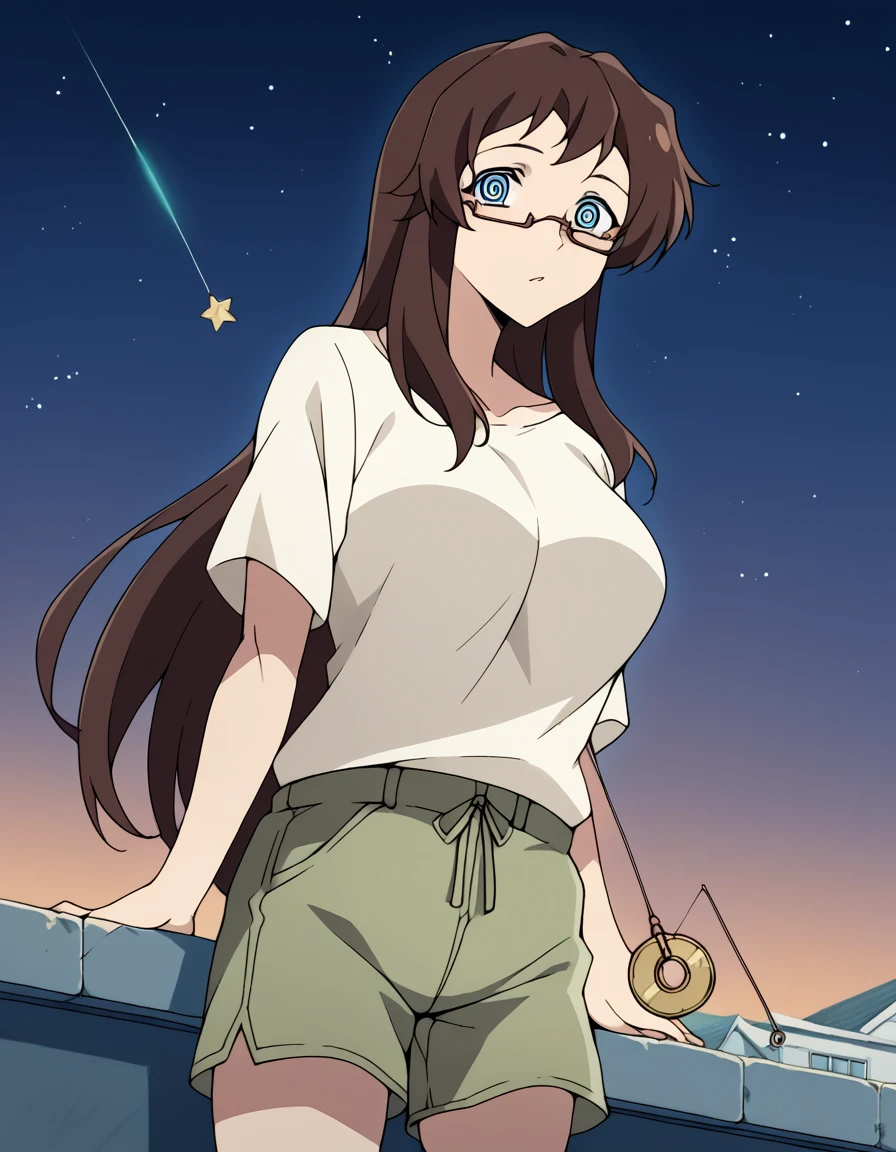 score_9, score_8_up, score_7_up, source_anime, <lora:rea-amano-s1-ponyxl-lora-nochekaiser:1>, rea amano, long hair, blue eyes, brown hair, glasses, large breasts,, shirt, white shirt, shorts, green shorts, observatory, telescope, stars, space, roof, , <lora:pendulum-ponyxl-lora-nochekaiser:1>, pendulum, holed coin, coin on string, hypnosis, mind control, coin, @ @,, looking at viewer, solo,, dutch angle, cowboy shot