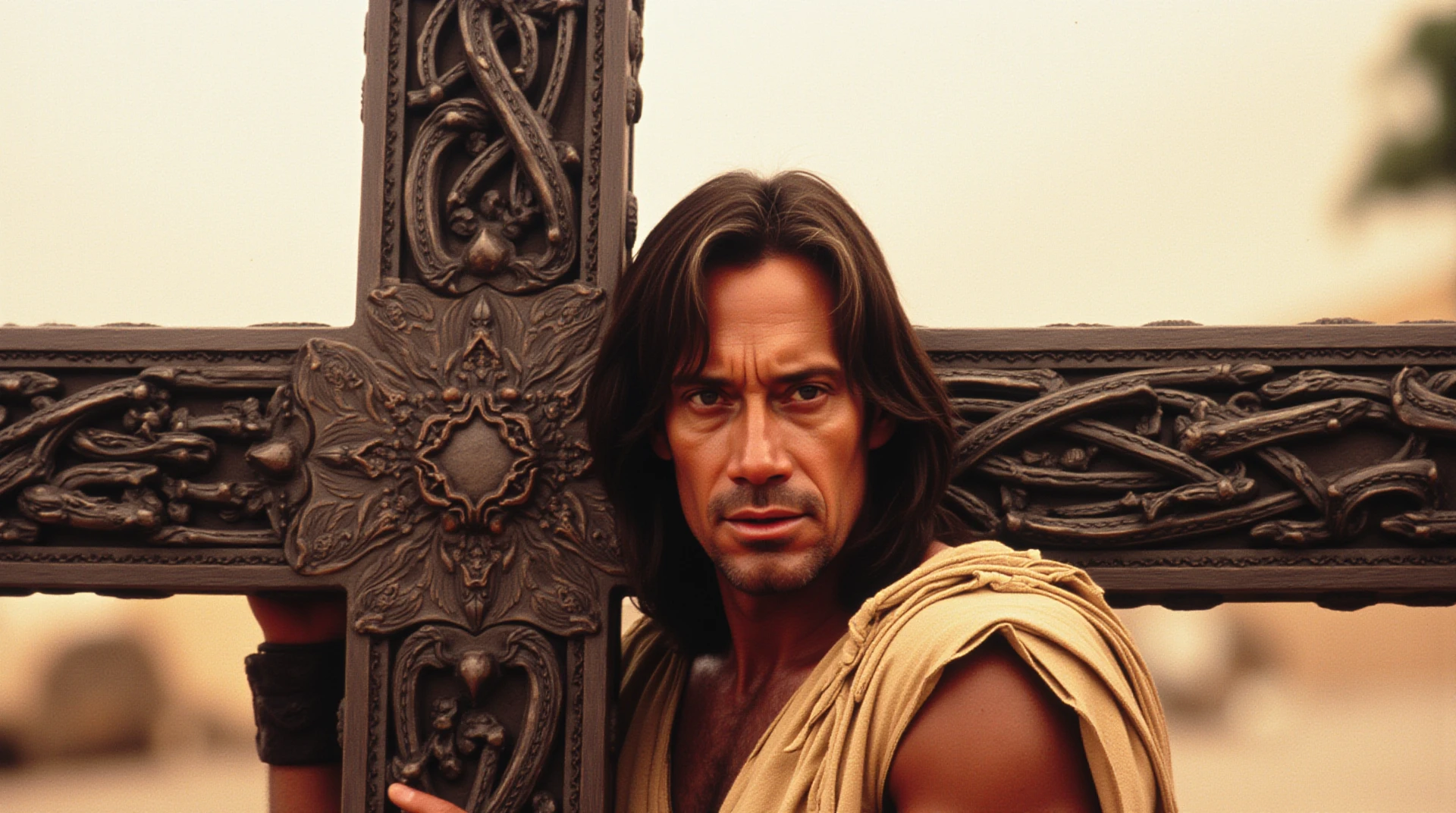 cinematic film still, KS man is Hercules carrying a huge cross  