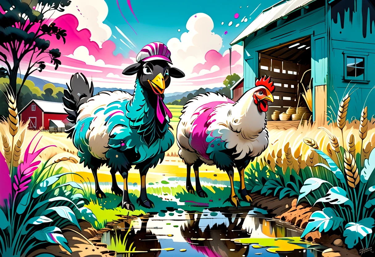 Veterinarian at the (Chicken Coop), working near a (Farmer's Market Stall) and interacting with (Emu) using Cultivator, to produce Lettuce while growing (Barley) in a (a horizon filled with vivid streaks of paint). This scene focuses on (a sheep with oversized hooves), evoking a sense of lighthearted cheer and embracing the theme of the beauty of randomness. The setting is rendered with a turquoise with splashes of hot pink color palette, accented by wild grasses outlined in dark ink, splashes of paint around the edges and special stylistic elements like light spots mimicking reflections, thick, chunky highlights, bold and jagged contours. The artwork is created in abstract playfulness style with mediums such as impasto technique with color blocks, marker and paint pen blend, ink with bold splashes of paint.  <lora:artfully_FARMSTORY:1>