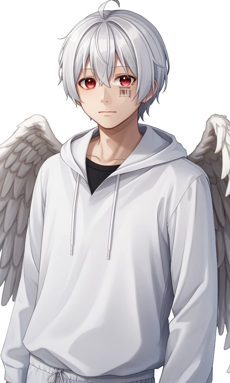 MafuMafu, silver hair, red eyes, ahoge, cheek barcode, hoodie, pants, bare feets, angel wings, nimbus, teru teru bōzu