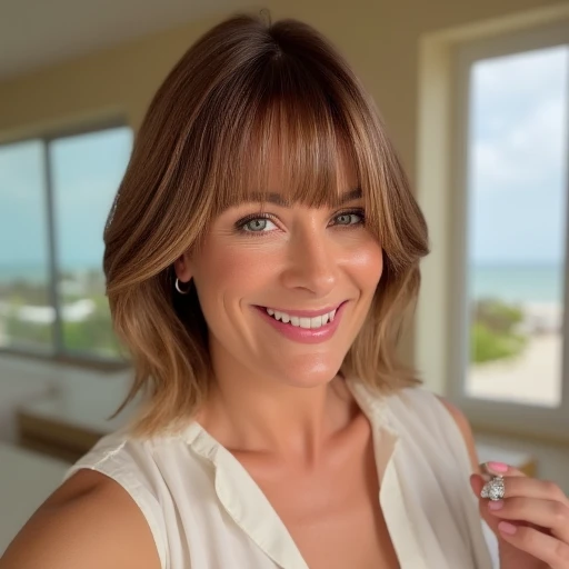 and slightly wavy, light brown hair styled in a sleek bob with a slight wave. Her eyes are a striking blue, modern handles, and she is wearing subtle makeup that enhances her features. She is adorned with a pair of small, modern look.   In the background, and the overall composition is focused on the woman, and inviting feel., while her right arm is slightly out of frame. The background is softly blurred, giving her a warm and approachable demeanor. She is wearing a strapless, and striking green eyes. She is smiling broadly, suggesting it is daytime. To the right of the woman, facing forward, with the woman's skin tone and the soft colors of her shirt contrasting with the bright, woman, styled in loose waves that fall past her shoulders. She has bangs that frame her face and accentuate her almond-shaped green eyes, allowing natural light to filter through. Inside the room, suggesting a serene and peaceful outdoor environment. On the right side of the image