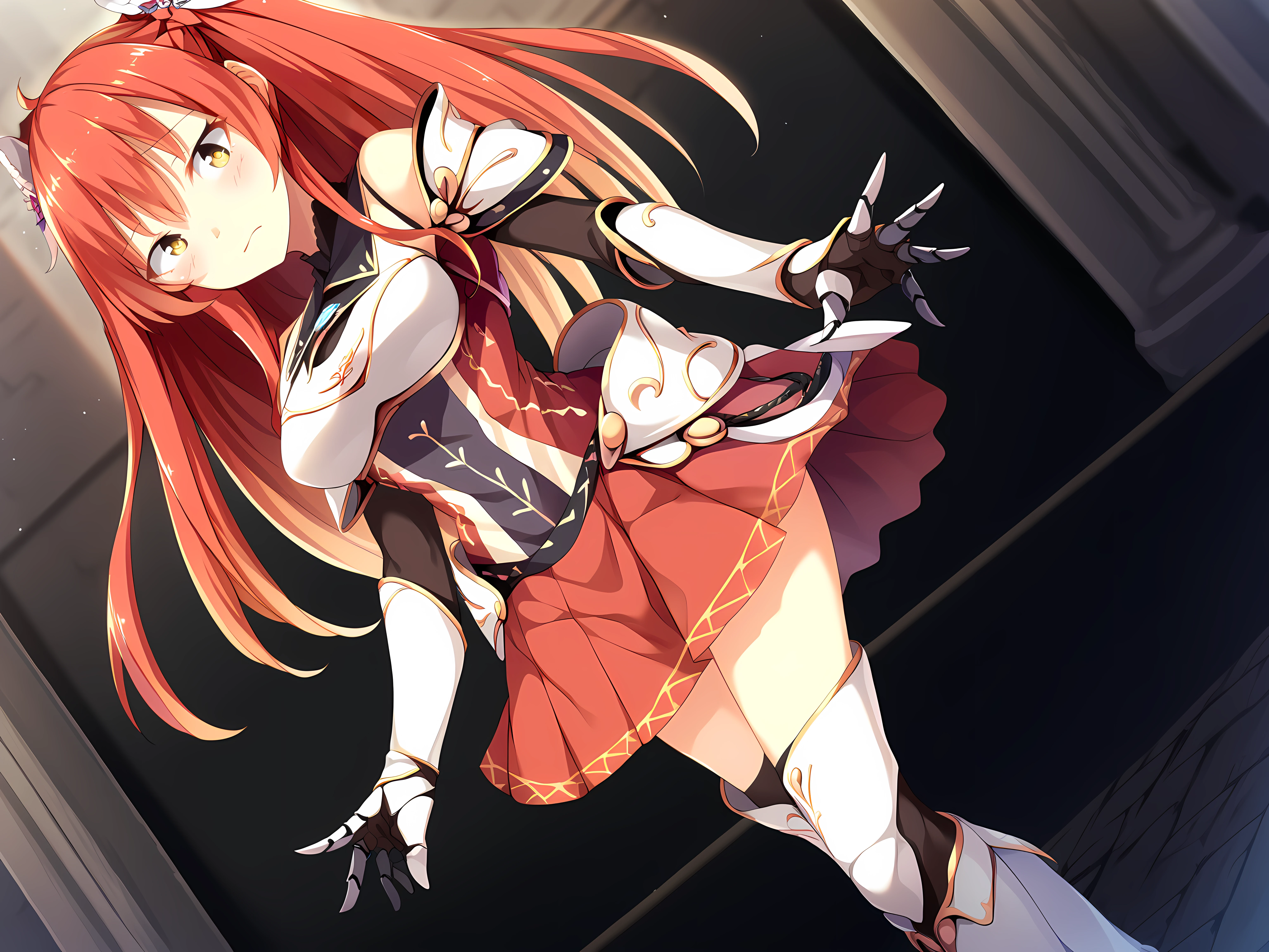 <lora:ESCUDE_-_Yamizome_Revenger_-_All_in_One:1>,escude,ayaka,1girl,solo,long hair,red hair,yellow eyes,thighhighs,boots,skirt,breasts,white footwear,armor,red skirt,blush,standing,gauntlets,bangs,thighhighs under boots,medium breasts,pleated skirt,hair ornament,, score_9, score_8_up, score_7_up,source_anime,(masterpiece),(best quality),(ultra-detailed),(best illustration),(best shadow),(absurdres),(detailed background),(very aesthetic),source_anime