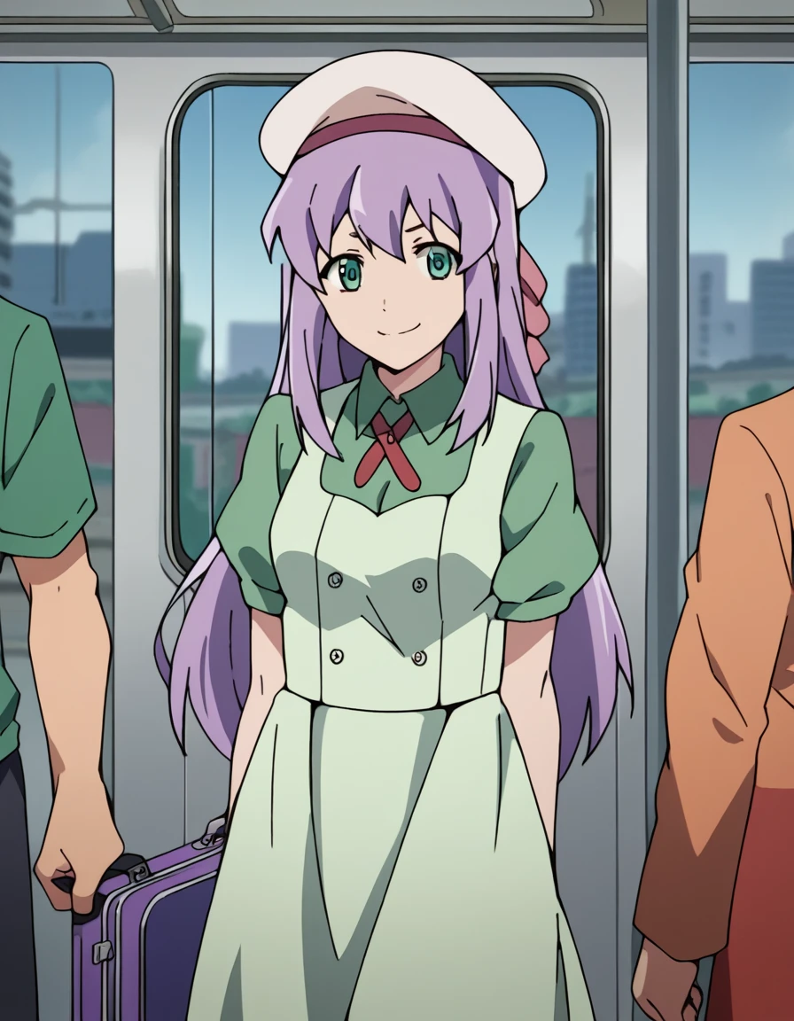 score_9, score_8_up, score_7_up, source_anime, <lora:nao-nonosaka-s1-ponyxl-lora-nochekaiser:1>, nao nonosaka, long hair, green eyes, purple hair, medium breasts,, hat, dress, beret, shirt, green shirt, collared shirt, green dress, long skirt,, train station, waiting for train, suitcase, traveling, commute, city skyline, hands behind back, , smug, hands on hips,, looking at viewer, solo,, dutch angle, cowboy shot