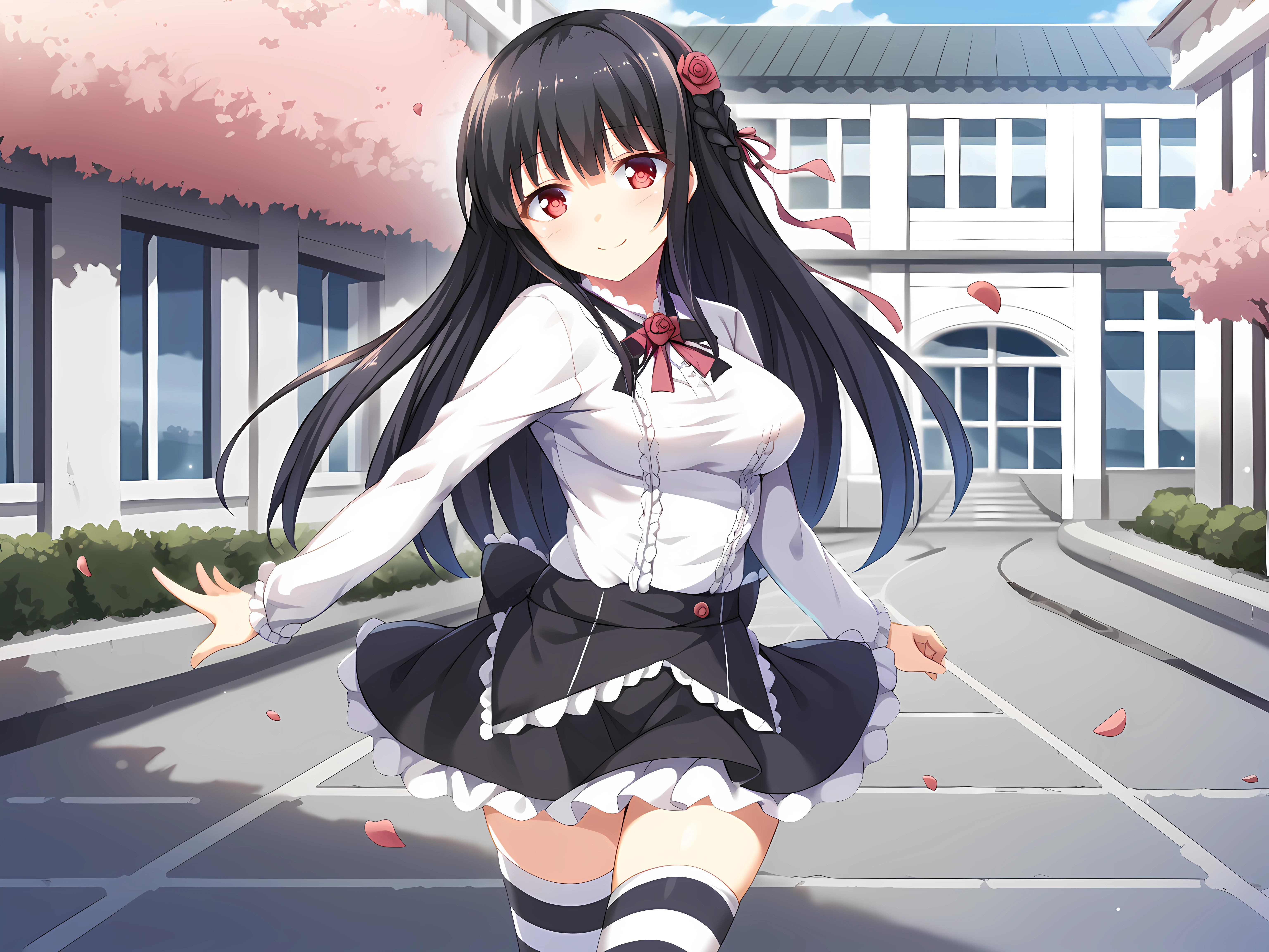 <lora:ESCUDE_-_Yamizome_Revenger_-_All_in_One:1>,kokorocasual,escude,kokoro,1girl,solo,long hair,thighhighs,black hair,flower,smile,hair flower,hair ornament,skirt,striped,red eyes,striped thighhighs,shirt,rose,frills,breasts,long sleeves,blush,black skirt,bow,white shirt,bangs,medium breasts,fountain,street,east asian architecture,, score_9, score_8_up, score_7_up,source_anime,(masterpiece),(best quality),(ultra-detailed),(best illustration),(best shadow),(absurdres),(detailed background),(very aesthetic),source_anime