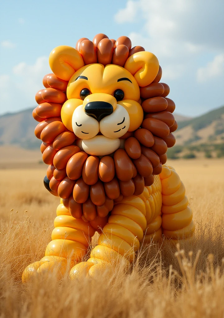 <lora:Balloon_Sculptures:1>  balloon sculpture, large, lion, in the savannah, grazing