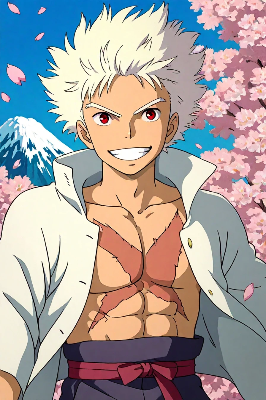 score_9, score_8_up, score_7_up, score_6_up, score_5_up, score_4_up,  <lora:Gear_5_Luffy:1>, gearfifth, white hair, red eyes, scar on chest, scar, teeth, smile, white jacket, <lora:ghibli_style_illustriousXL:0.8>, 1boy, ghibli_style, solo, alone, masterpiece, highres,  mount fuji background, cherry blossoms, petals, falling petals, sun