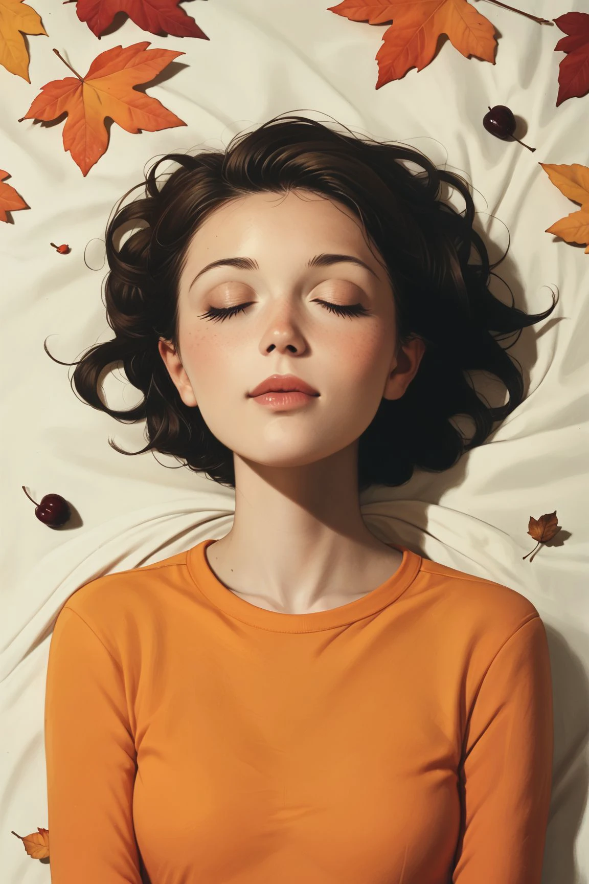 score_9, score_8_up, score_7_up, score_6_up, 
realistic portrait of a young woman, lying between fallen autumn leaves, eyes closed, happy