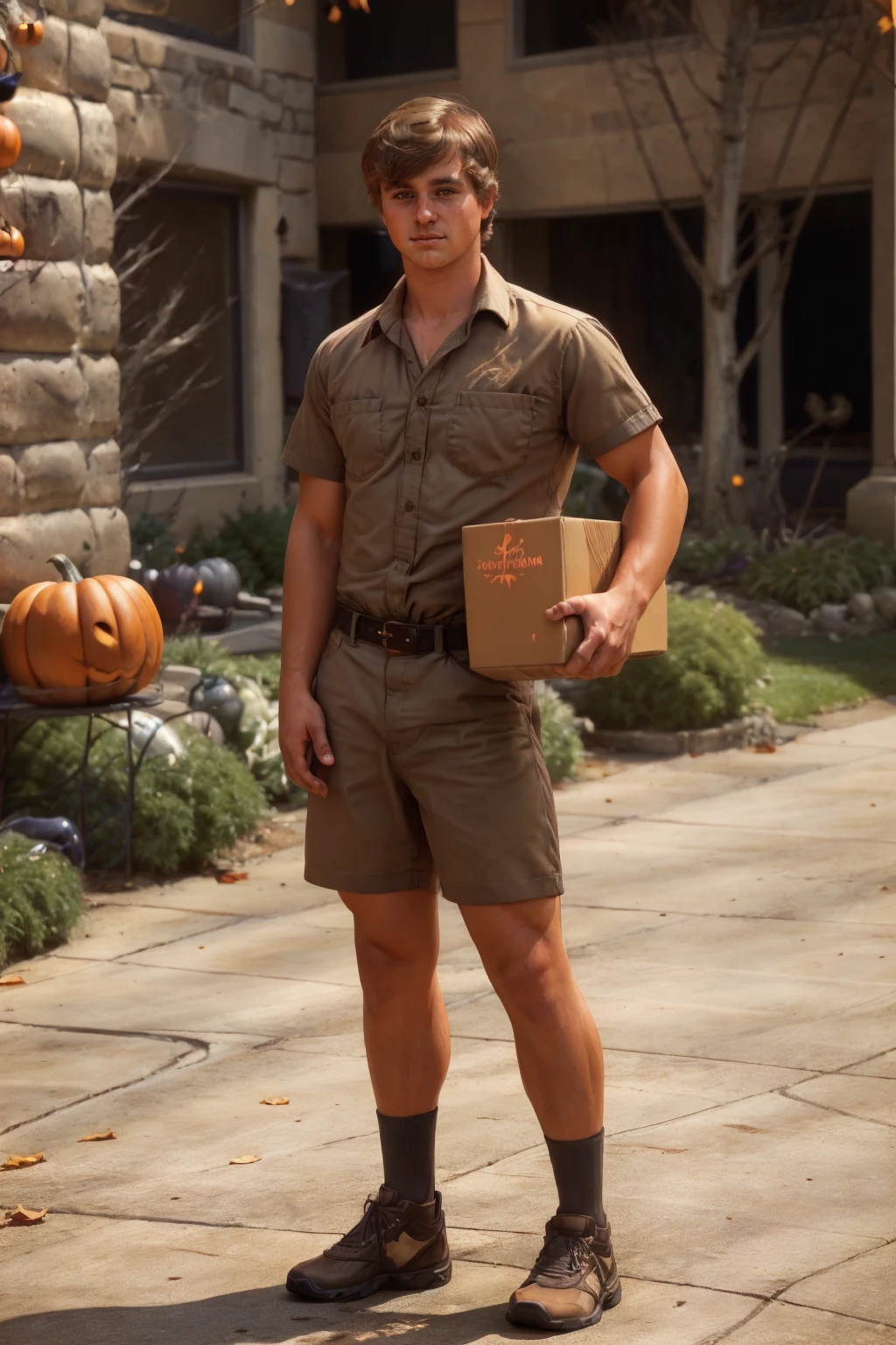 holding box, <lora:sc_owen_epoch_8:0.8> male sksperson, brown hair, wearing fitted ups-outfit, shorts, collared shirt, belt, shoes, posing in quaint small town, halloween decorations, New England autumn  <lora:Clothing - Sexy Delivery Man - UPS:0.8>, blurred background, golden hour, dappled sunlight, soft shadows <lora:halloweenTech:0.5>