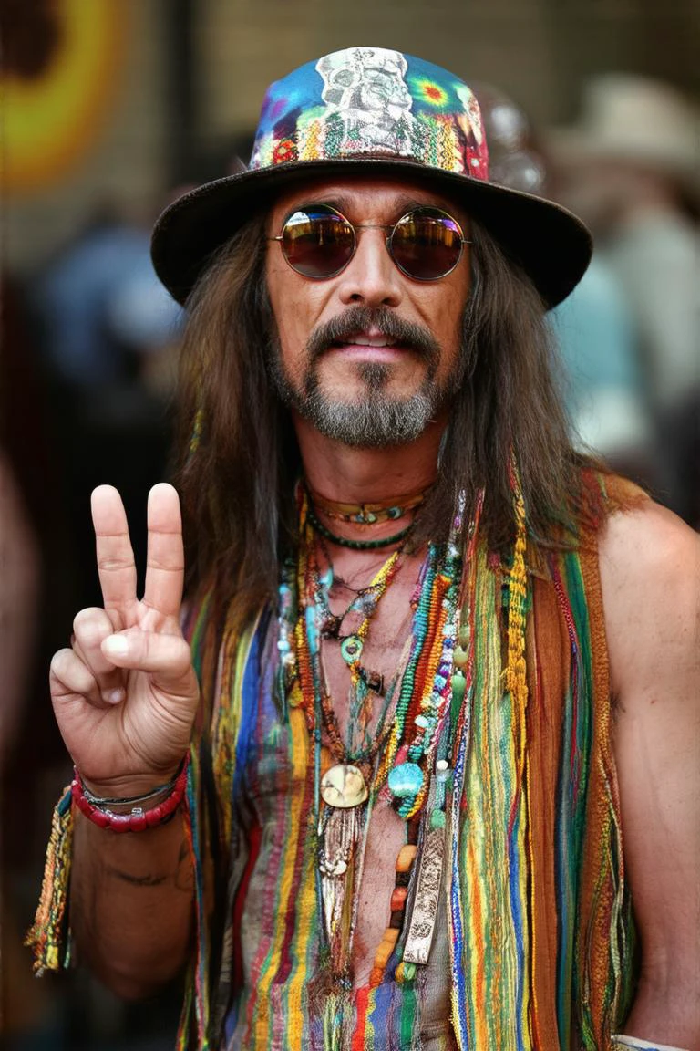 A realistic photograph of a man dressed like a hippie from the 70's giving a peace sign with his hand