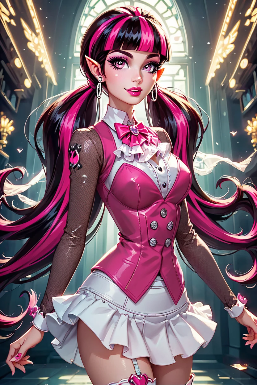 score_9, score_8_up, score_8, medium breasts, (curvy), cute, eyelashes,      ,,,  zzDraculaura, solo, twintails, multiclored hair, pink hair, black hair, pink eyes, pointy ears, earrings, fishnet sleeves, frilled sleeves, long sleeves, blunt bangs, monster high, pink vest, white skirt, pink knee boots,  <lora:Draculaura_MH_PDXL_v5:1.0>,  ,,, smile, looking at viewer,  ,,, <lora:Hyperdriver_PDXL_v5:1.0>,  embedding:zPDXL, Expressiveh, <lora:Expressive_H-000001:0.4>,