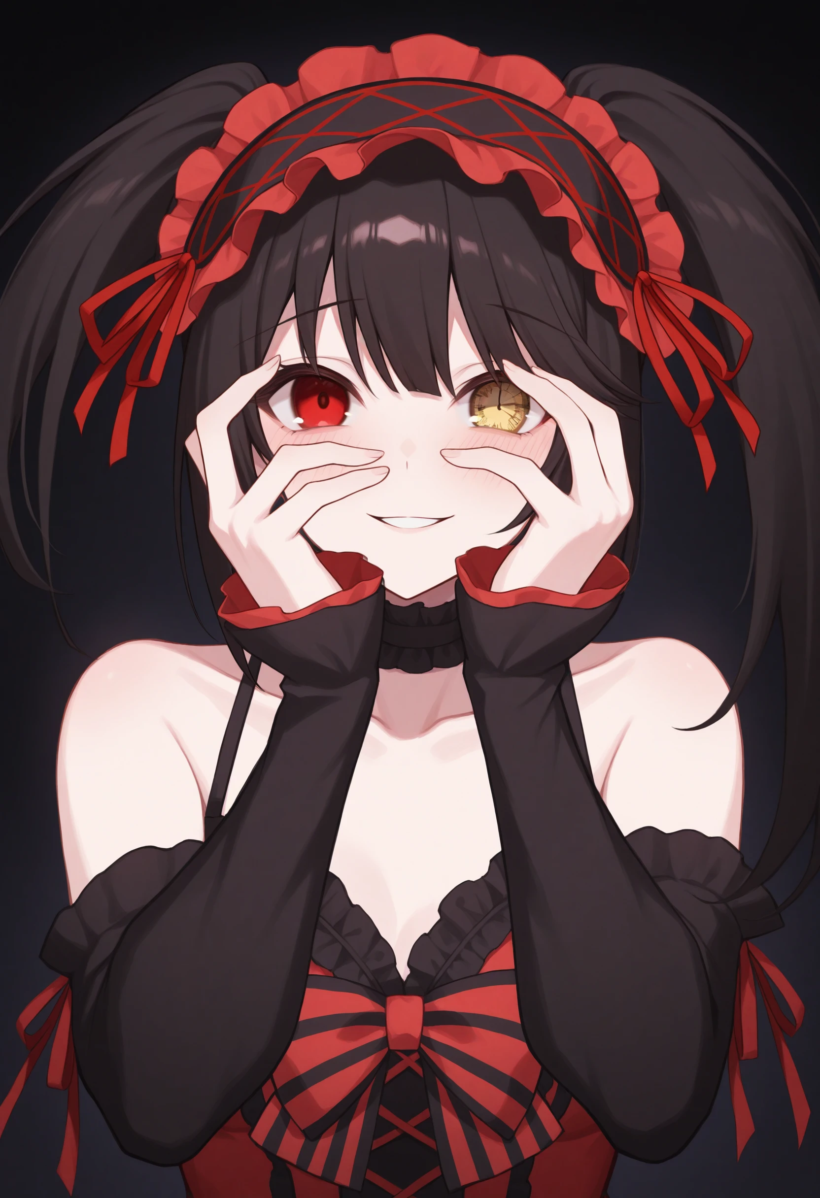 masterpiece, best quality, 1girl, solo, KrmiDef, clock eyes, red eye, yellow eye, heterochromia, black hair, uneven twintails, hairband, red dress, bare shoulders, collarbone, striped bow, frills, detached sleeves, frilled choker, blush, smile, yandere, peeking through fingers, hands on own face, upper body, portrait, dark theme, <lora:ChamKurumiIllustriousXL:1>