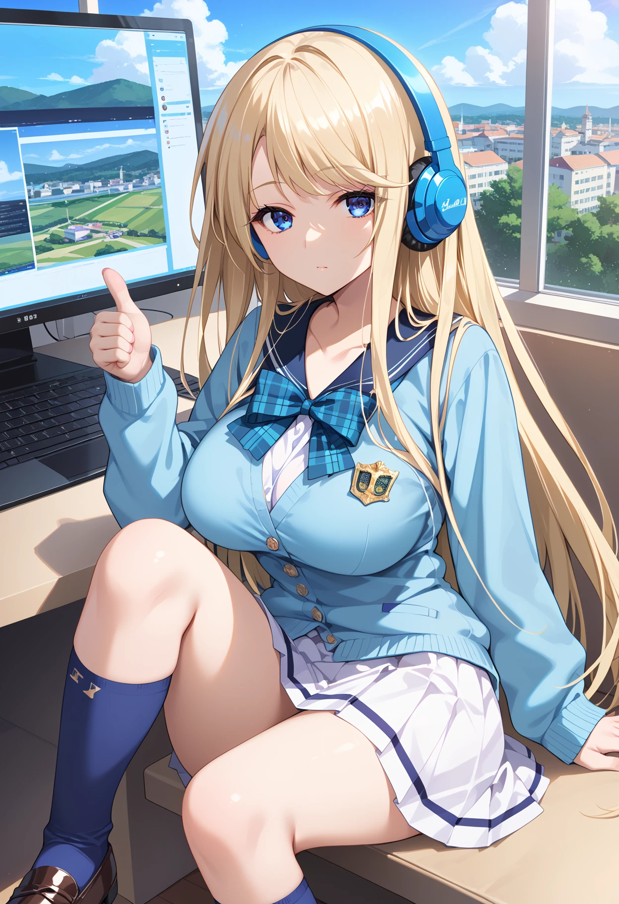 (score_9,score_8_up,score_7_up,source_anime,(masterpiece:1.2),best quality,very aesthetic,public indecency,absurdres),masterpiece,best quality,very aesthetic,absurdres,1girl,solo,
<lora:seine_p_v1:1>,seine,blonde hair,long hair,blue eyes,s_clothes,plaid bow,school uniform,light blue cardigan,long sleeves,white skirt,blue socks,loafers,
<lora:Fixhands_anime_bdsqlsz_V1:1>,computer,laptop,headphones,sitting,large breasts,looking at viewer,bow,reaching,cowboy_shot,expressionless,thumbs up,, masterpiece,best quality, very aesthetic, absurdres, ultra detailed, high resolution, 4k, extremely detailed CG,