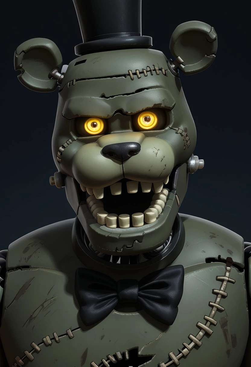 Dreadbear, Animatronic, Frankenstein, Stitches, yellow eyes, glowing eyes, Bear, Bolts in jaw, Withered, green fur, top hat, bowtie, Male, Anthro, Portrait,