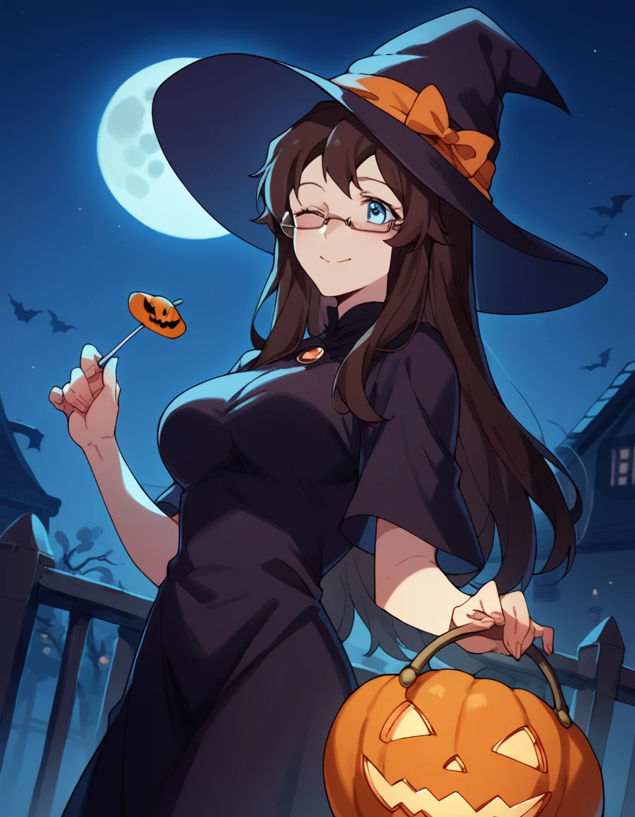 score_9, score_8_up, score_7_up, source_anime, <lora:rea-amano-s1-ponyxl-lora-nochekaiser:1>, rea amano, long hair, blue eyes, brown hair, glasses, large breasts,, <lora:witch-ponyxl-lora-nochekaiser:1>, witch, hat, witch hat, dress, halloween, halloween costume, jewelry,, night, moon, blush, smile, one eye closed,, , dutch angle, cowboy shot