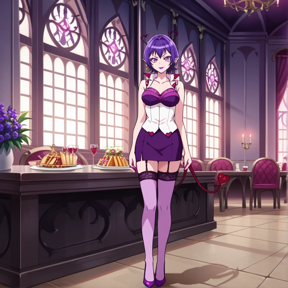 score_9, score_8_up,  source anime, ((hyper realistic)), masterpiece, ultra detailed, (indoors, dark mansion, cafeteria, stunning architecture, ), 1 woman, (solo:1.2), adult female,  raimu sensei, demon girl, pointy ears, purple hair, short hair, heart ahoge, purple eyes, purple lips, mole under eye, purple nails, imp tail with heart, raimu outfit, popped collar, white sleeveless jacket, purple bustier, short purple skirt, purple thighhighs, garter straps, purple high heels, tall, slender, full body shot, looking at viewer, standing, 3/4 view, flirty, teasing, (perfect hands:1.2), <lora:StS_detail_slider_release_two_v3:1>  <lora:Raim-000007:0.7>