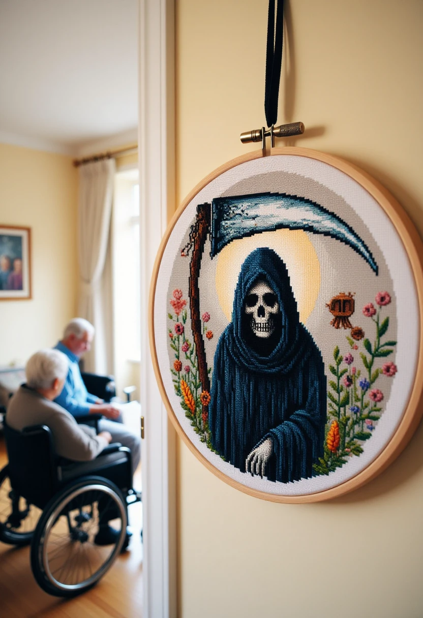 <lora:Cross_Stitcher_FLUX:1>
The image is a photograph showcasing a detailed embroidery piece depicting a stylized grim reaper figure displayed hanging on a wall in a retirement home. There are people in wheelchairs in the background.